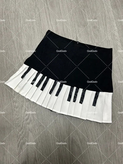 2000s Aesthetic Elegant Women Piano Skirt Stripe Design Y2k Slim Mini Skirt Female Black White Spliced Korea Style Chic Outfits