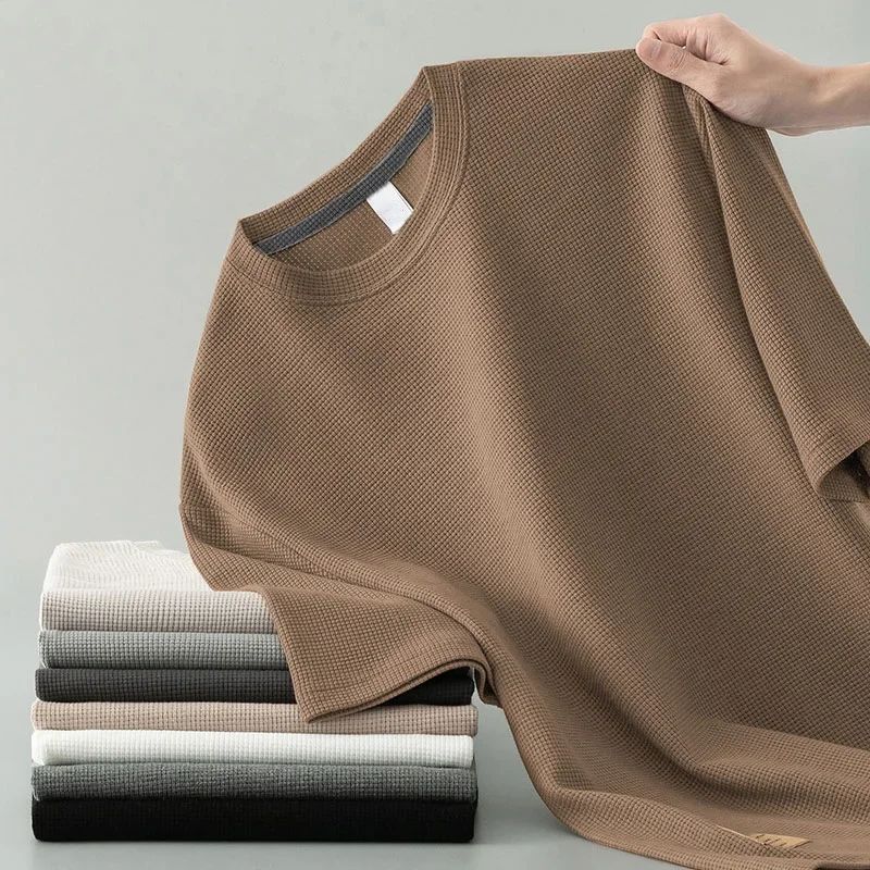 Korean Style Men Summer T-Shirt Man Short Sleeved Waffle Solid T-Shirt Color Casual Tee Round Men's Round Neck Fashion Top