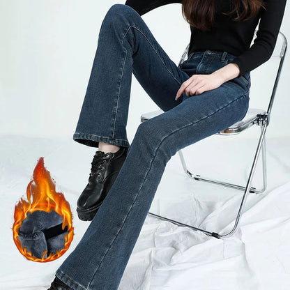 Winter Female Thin Snow Warm Plush Jeans Lady Chic Fleece Flared Pants Girls Korean High Waist Straight Leg Denim Trousers