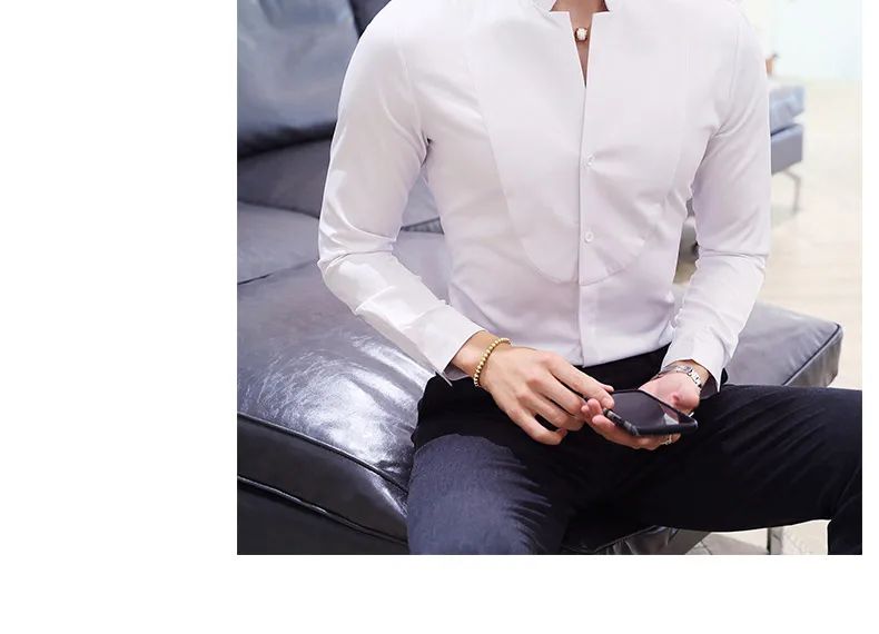 Black Men Long Sleeve Shirt, White Single Breasted Collar Stretch Shirts, Red Fashion Slim Top,Asian Size M-5XL(Korean Slim Fit)