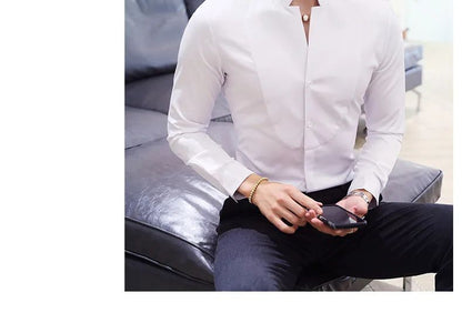 Black Men Long Sleeve Shirt, White Single Breasted Collar Stretch Shirts, Red Fashion Slim Top,Asian Size M-5XL(Korean Slim Fit)