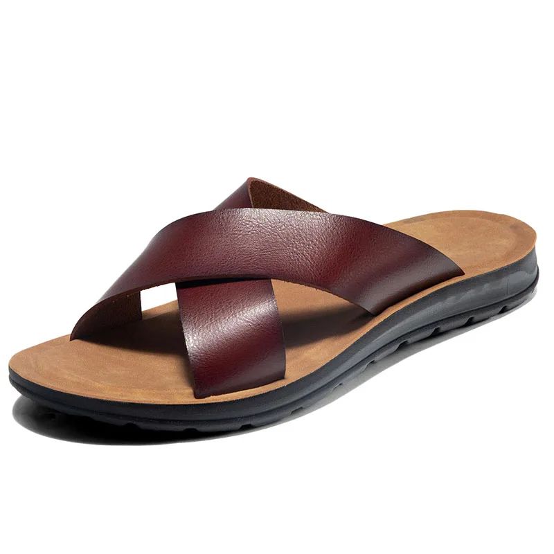 Men Shoes New  Summer Shoes Italian Leather Slippers Men High Quality Size 38-47 Beach Slip on Flats Man Flip Flops Mens Sandals