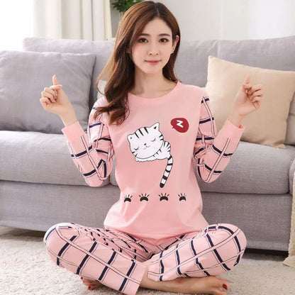 Autumn Thin 2pieces Pyjamas Set Women 2025 Round Neck Girls Bear Pajamas Sets Teacup Cat Full Sleepwear Tops lovers Pajama Mujer