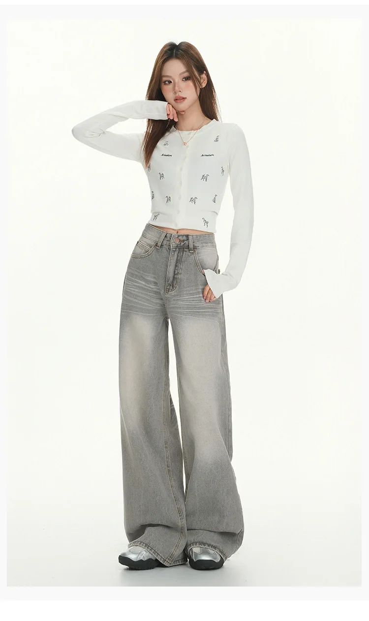 Gray American High Street Wide Leg Jeans Women Loose Drapey Slim Straight Floor-Length Pants High Waist Button Decoration