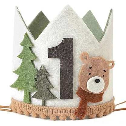 Cartoon Bear One Year Old Crown Baby Jungle Safari 1st Birthday Pink Brown Bear Crown Boy Girl First Birthday Party Decor Hat