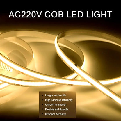 220V COB LED Strip Light Flexible Tape Lights Smart IC No Need Driver High Bright 240 LEDs Linear Lighting RA95 Warm White 1-5m