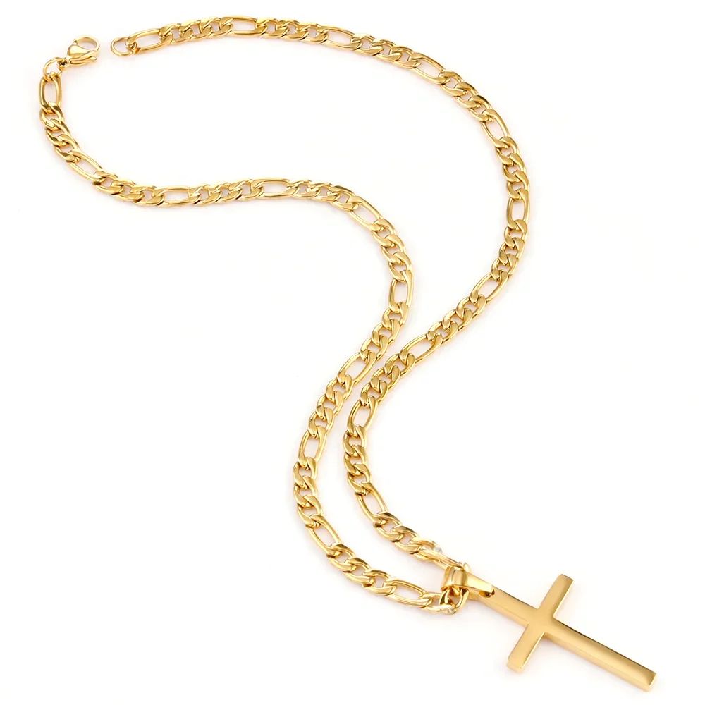 Colar de Aço Inoxidável 316L com Corrente Figaro para Homens e Mulheres, Pingente de Cruz Dourado/Prateado, Colares à Prova D'água, Joias da Moda