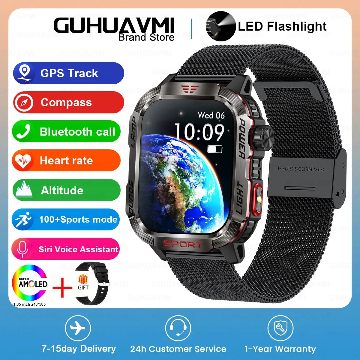 Novo relógio inteligente masculino para ambientes externos de 2,01 polegadas, à prova d'água 3ATM, bateria de 600mAh, bússola, lanterna LED, chamada Bluetooth, Smartwatch para Xiaomi