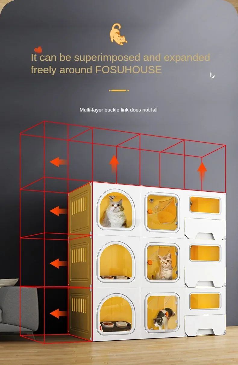 Gaiolas de luxo para gatos de três camadas com partição, gaiola de criação, espaço grande para animais de estimação, casa de gaiola para gatos com caixa de areia para gatos N