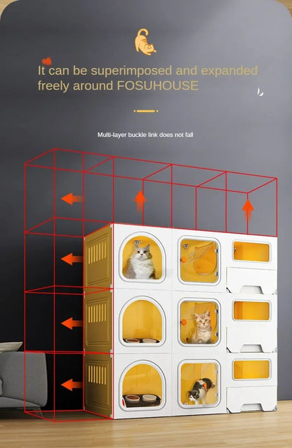 Gaiolas de luxo para gatos de três camadas com partição, gaiola de criação, espaço grande para animais de estimação, casa de gaiola para gatos com caixa de areia para gatos N