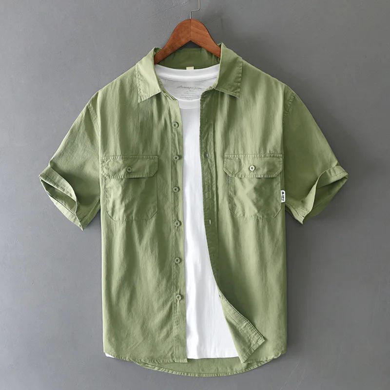 Summer Short Sleeve Cargo Shirt Men Streetwear Men Loose Shirts Casual Pure Cotton Double Pockets Khaki Shirt Fashion Clothing
