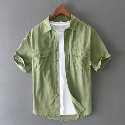 Summer Short Sleeve Cargo Shirt Men Streetwear Men Loose Shirts Casual Pure Cotton Double Pockets Khaki Shirt Fashion Clothing