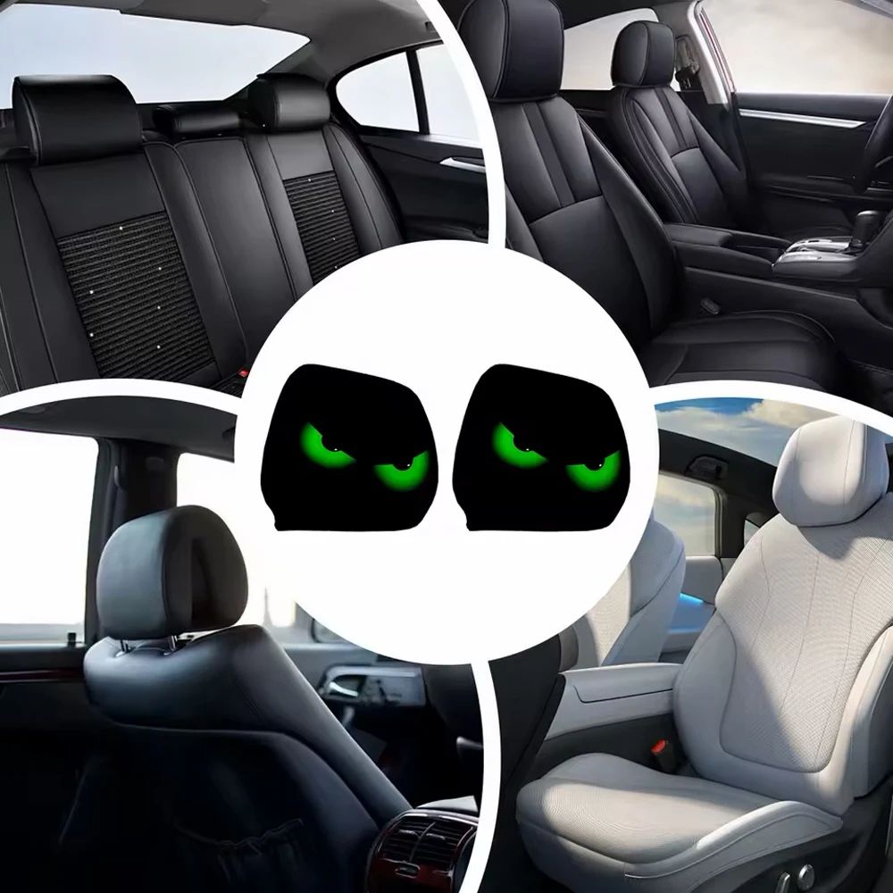 2PCS Black Fluorescent Eye Car Head Pillowcase, Double-sided Printed Car Interior Personalized Decoration Car Pillowcase