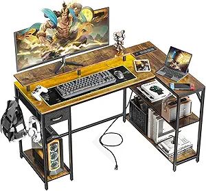 53inch L Shaped Desk,L Shaped Gaming Desk with Power Outlets & LED Lights, Computer Desk with Monitor Stand & Storage Bag, Home