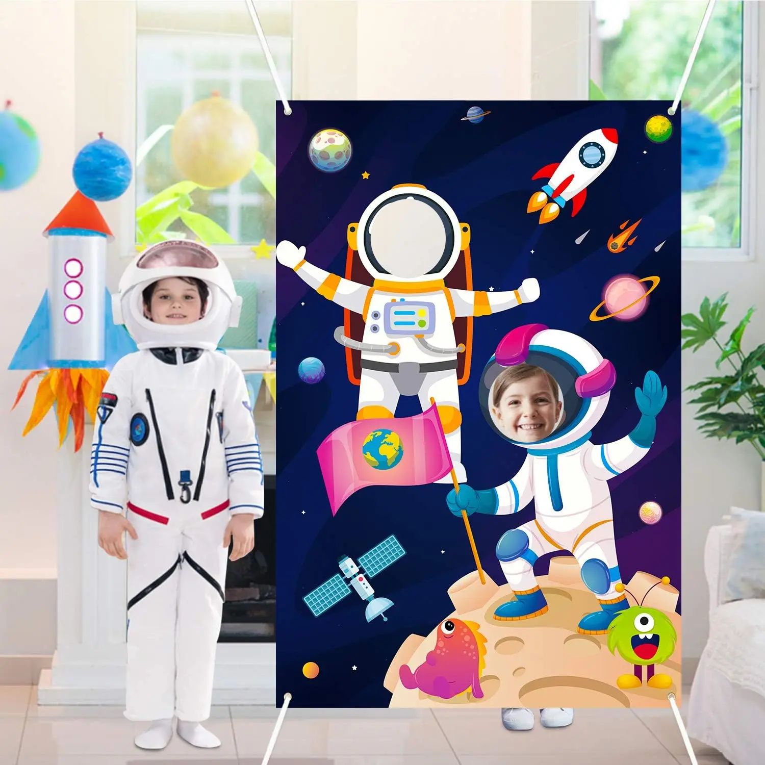 Space face display background cloth Boy's birthday party outdoor game photo booth photography decoration