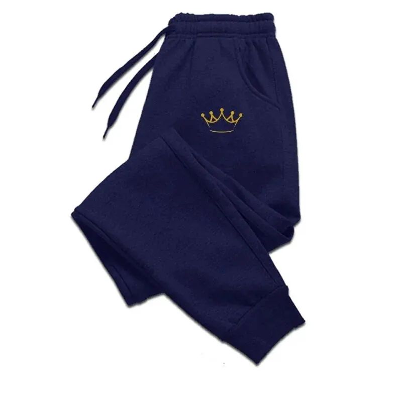 Calça Masculina Estampada Coroa Dourada Outono E Inverno Moletom Com Fleece Calça Masculina Casual Com Cordão Calça Esportiva De Jogging