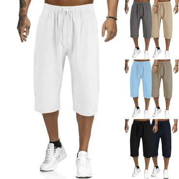 Summer Loose Solid Color Breathable Capri Shorts for Men's Sports Casual Breathable Shorts Men Clothing  Gym Shorts