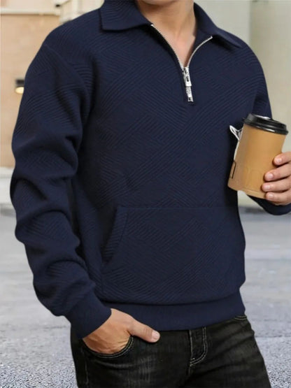 Autumn Men's Casual Sweatshirt Quarter Zip Solid Color Pullover Sweater Outdoor Daily Long Sleeve Polo Turtleneck Male Tops