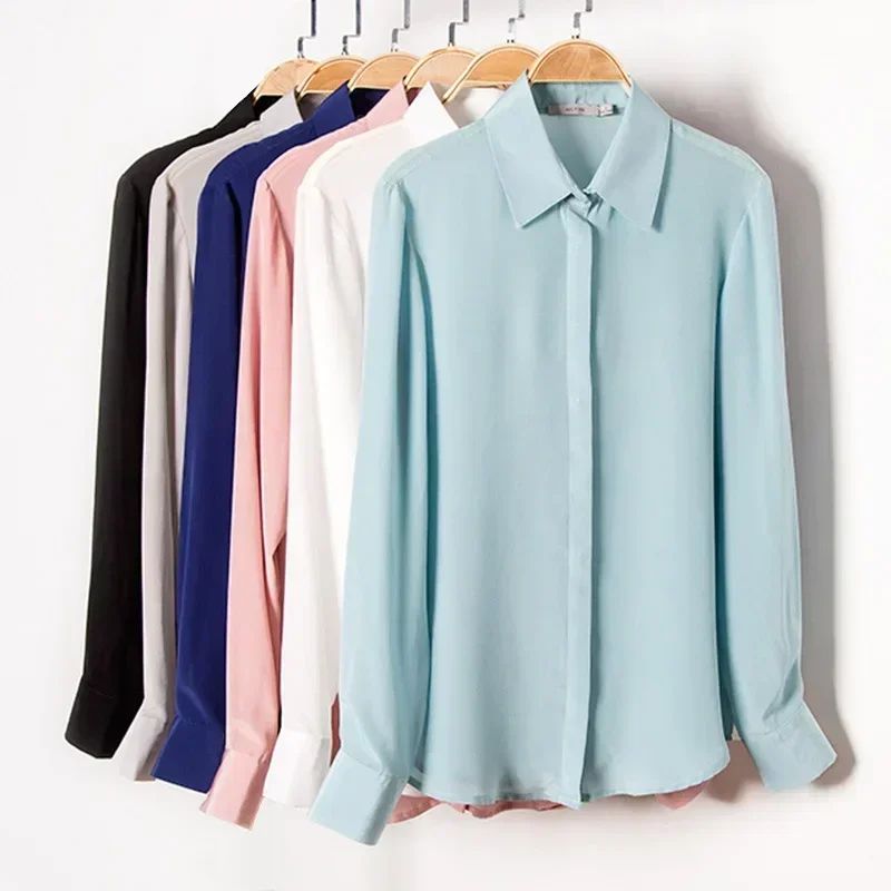 2025 Spring New Women's Silk Shirt Women's Long Sleeve 100% Mulberry Silk Blouse 16 MM White-collar OL Style Shirts For Women