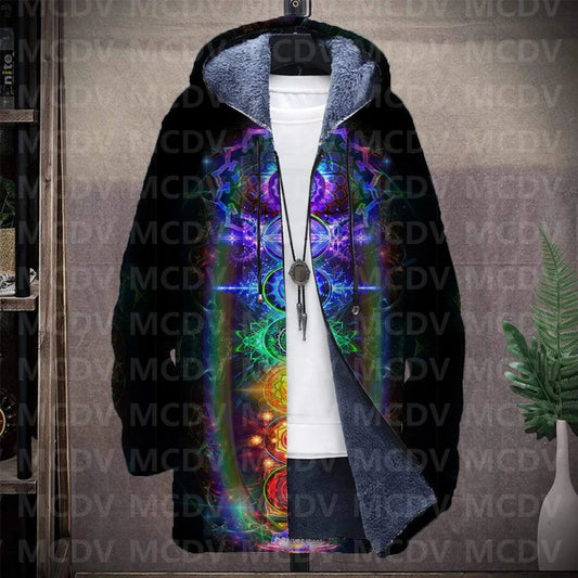 Men's Retro Print Plush Thick Long-Sleeved Coat Cardigan Psychedelic 3D Prined Fleece Hooded Overcoat Unisex Thick Warm Jacket