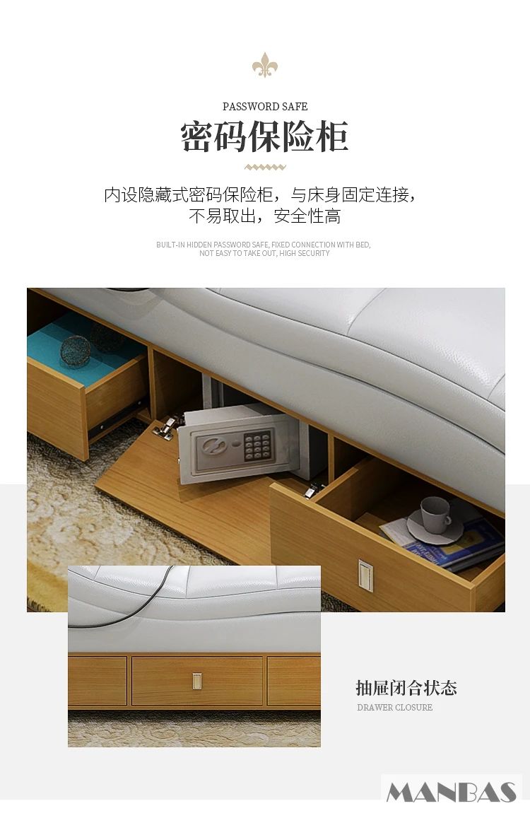 MANBAS Ultimate Bed Frame Tech Smart Multifunctional Bed with Genuine Leather, Massage, USB, Bluetooth Speaker, Tatami & Safe