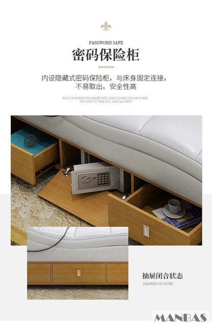 MANBAS Ultimate Bed Frame Tech Smart Multifunctional Bed with Genuine Leather, Massage, USB, Bluetooth Speaker, Tatami & Safe