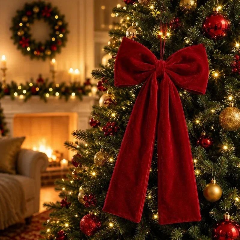 Large Size Bowknot Pendant Hanging Xmas Ornament DIY Home Party Christmas Tree Decorations Velvet Bow Burgundy Style Supplies