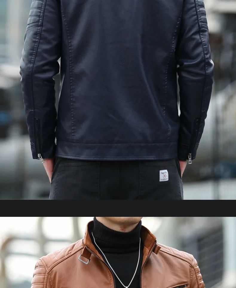 Men's Fleece Lined Biker Jacket Stand Collar Casual Versatile Spring Autumn Leather Coat for Students Fashionable Outerwear