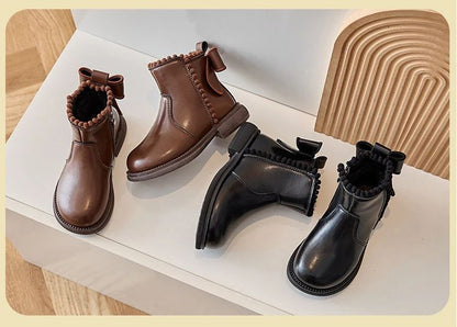 Girls Ankle Boots with Back Bow-knot Kids Short Boots Soft Sole 2025 New Girls' Princess Leather Boots with Warm Cotton Side Zip