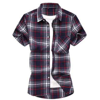 2025 new red summer men's shirts short-sleeved plaid fat big yards youth casual shirt.