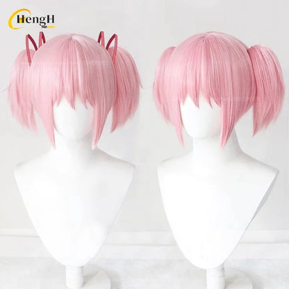 In Stock Synthetic Anime Kaname Madoka Cosplay Wig Short 30cm Pink Double Ponytail Wig Heat Resistant Hair Halloween Party Wigs