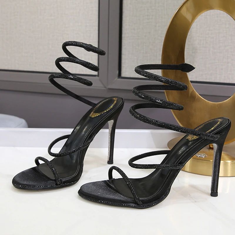 Eilyken Fashion Style Sandálias Femininas com Tira no Tornozelo, Strass e Diamantes, Sexy, Bico Aberto, Salto Agulha Fino, Sapatos de Festa para Boate e Banquete