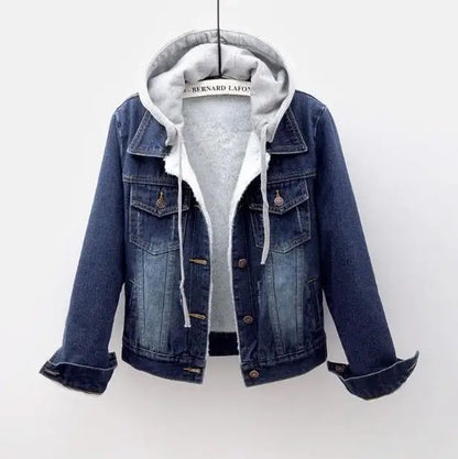 Women Denim Coat Hooded Single Breasted Button Jackets Hooded Patchwork Outerwear Cardigan Solid Pockets Streetwear Warm