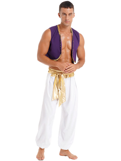Aladin Costume Men Arabian Prince Cosplay Dress Up Waistcoat Top Harem Pants Suit Halloween Theme Party Carnival Stage Outfits