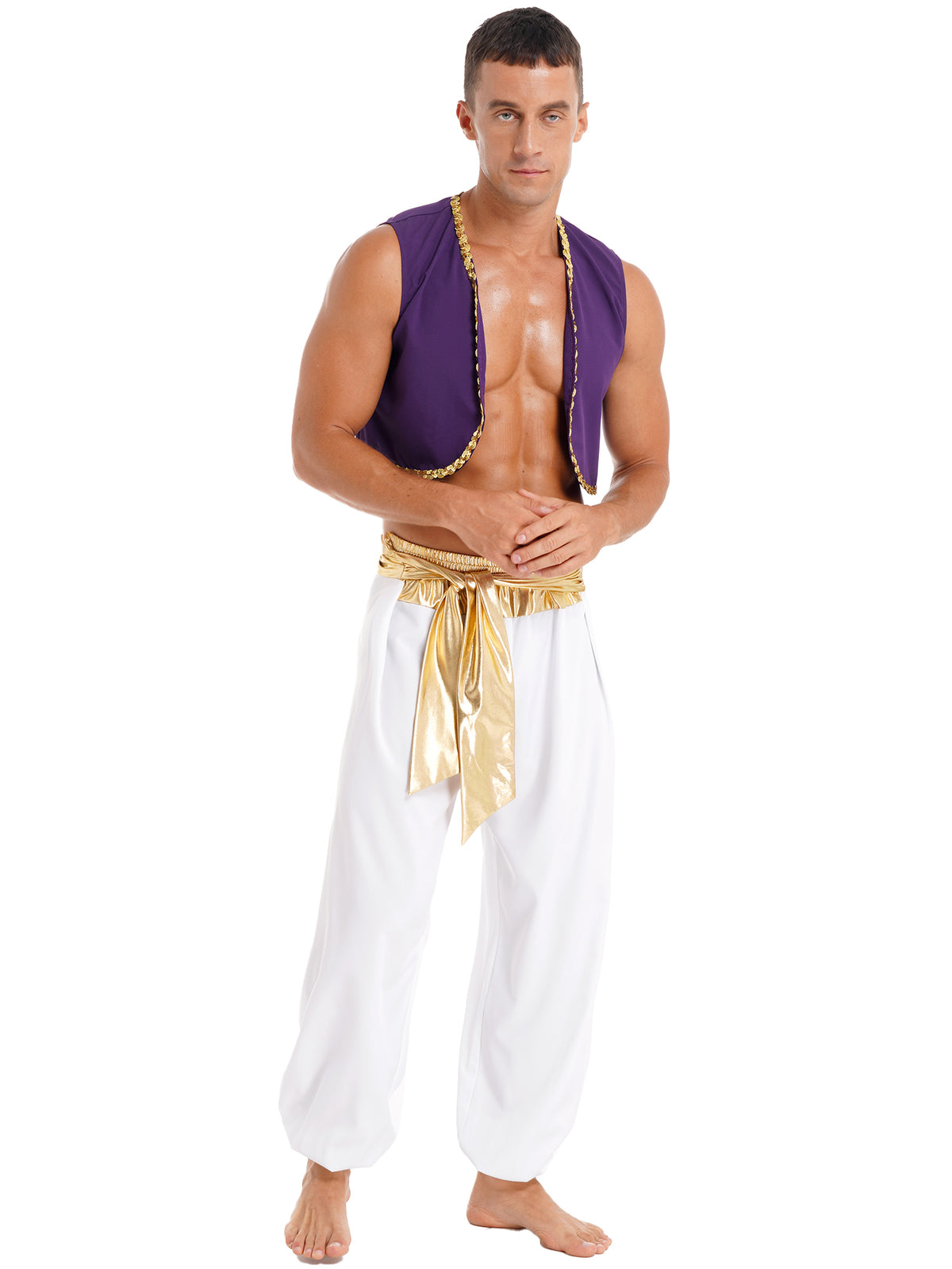 Aladin Costume Men Arabian Prince Cosplay Dress Up Waistcoat Top Harem Pants Suit Halloween Theme Party Carnival Stage Outfits