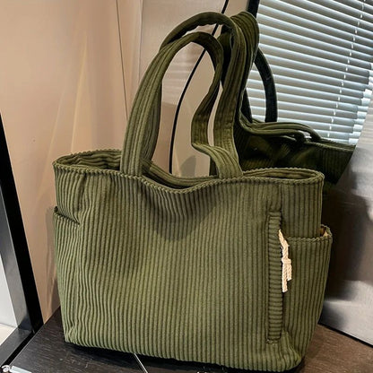 Casual Corduroy Handbag with Zipper Closure Light and Large Capacity Fixed Shoulder Strap Solid Color Daily Commuter Handbag