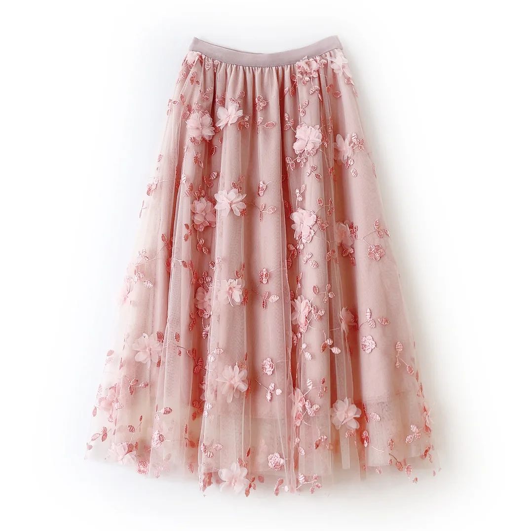 New in A-Line High Waist Embroidery 3D Flower Tulle Midi Skirt Women Spring Summer Pink Chic Elegant Mesh Party Long Skirt