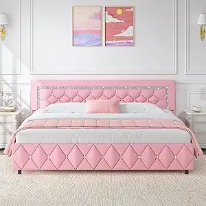 Cama King Size com Estrutura e Cabeceira Diamante, Plataforma Estofada em Couro Sintético, Base para Colchão, Não Requer Box Spring,
