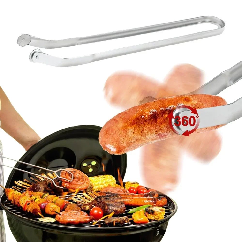 BBQ Sausage Turning Tongs Stainless Steel Nonstick Sausage Tongs Cookware Long Handle Kitchen Tong for Turning Barbecue Utensils