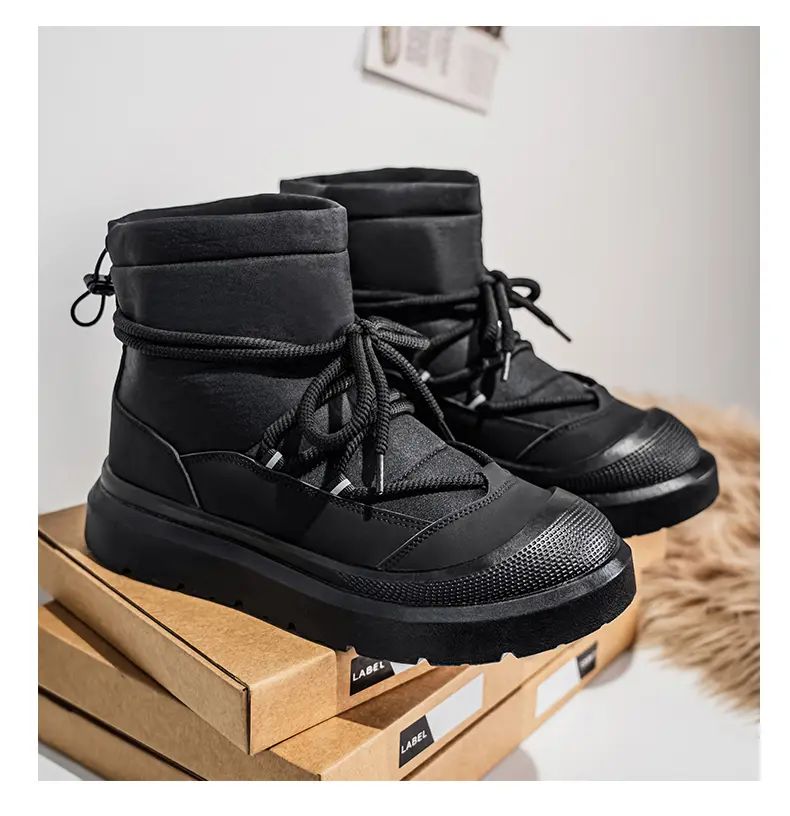 Work Style Snow Boots for Men Women Plus Fleeces Warm Winter Boots High Top Thick Soled Lace Up Black Plush Couple Cotton Shoes