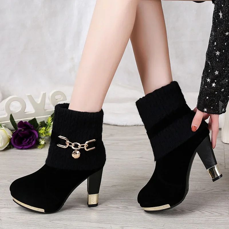 Sapatos femininos de salto agulha super alto com plataforma, sapatos de salto alto, scarpins femininos, botas de tornozelo de camurça bico fino para mulheres, botas de salto grosso NOVO