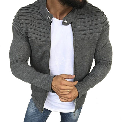 Autumn Sports Casual Men Jacket Men's Pleats Slim Stripe Fit Jacket Zipper Long Sleeve Coat Cardigan Coat