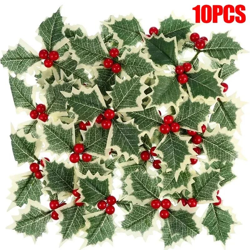 5-100Pcs Artificial Holly Berry Green Leaves Christmas Ornaments Gold Red Holly Berry Stems Xmas Tree Wreath Gifts Party Decor