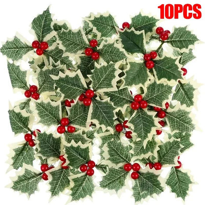5-100Pcs Artificial Holly Berry Green Leaves Christmas Ornaments Gold Red Holly Berry Stems Xmas Tree Wreath Gifts Party Decor