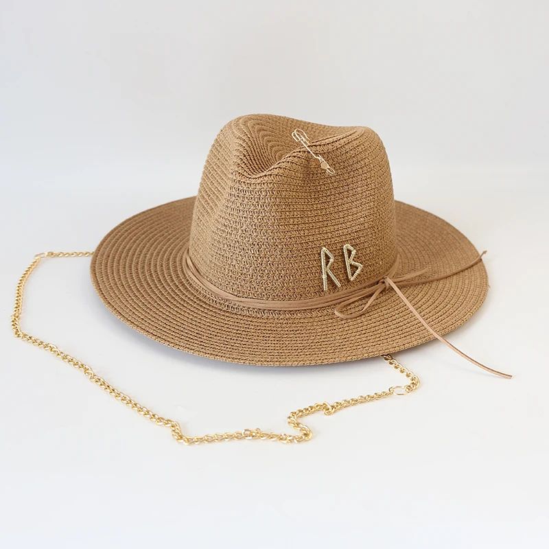 Chapéu de Sol de Verão Grande Proteção Solar Chapéus Femininos de Praia de Palha da Moda Chapéu Panamá de Grama de Luxo Feminino 60cm para Cabeça Grande