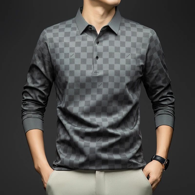 BROWON Polo Shirts for Man Autumn Business Slim Fit Long Sleeve T Shirt Men 2025 New Casual Loose Pullover Plaid Men Tops & Tees