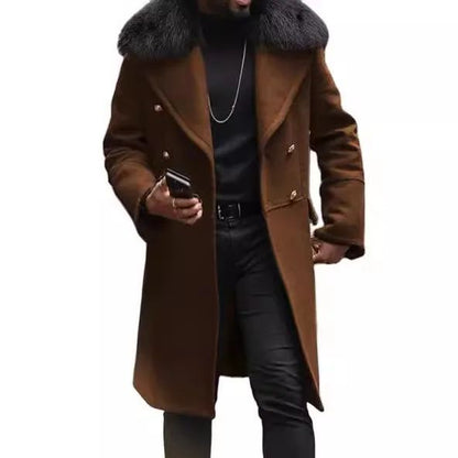 European and American Men's Casual Woolen Coat for Autumn and Winter, Young Men's Double-breasted Fur Collar Overcoat S-5XL