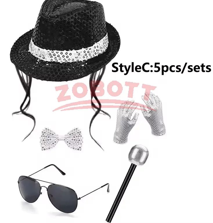 Disco Stage Performance Sequin Hat Tie Glove Set Michael Jackson Cosplay Style Sparkly Costume For Dance Party Halloween Gift