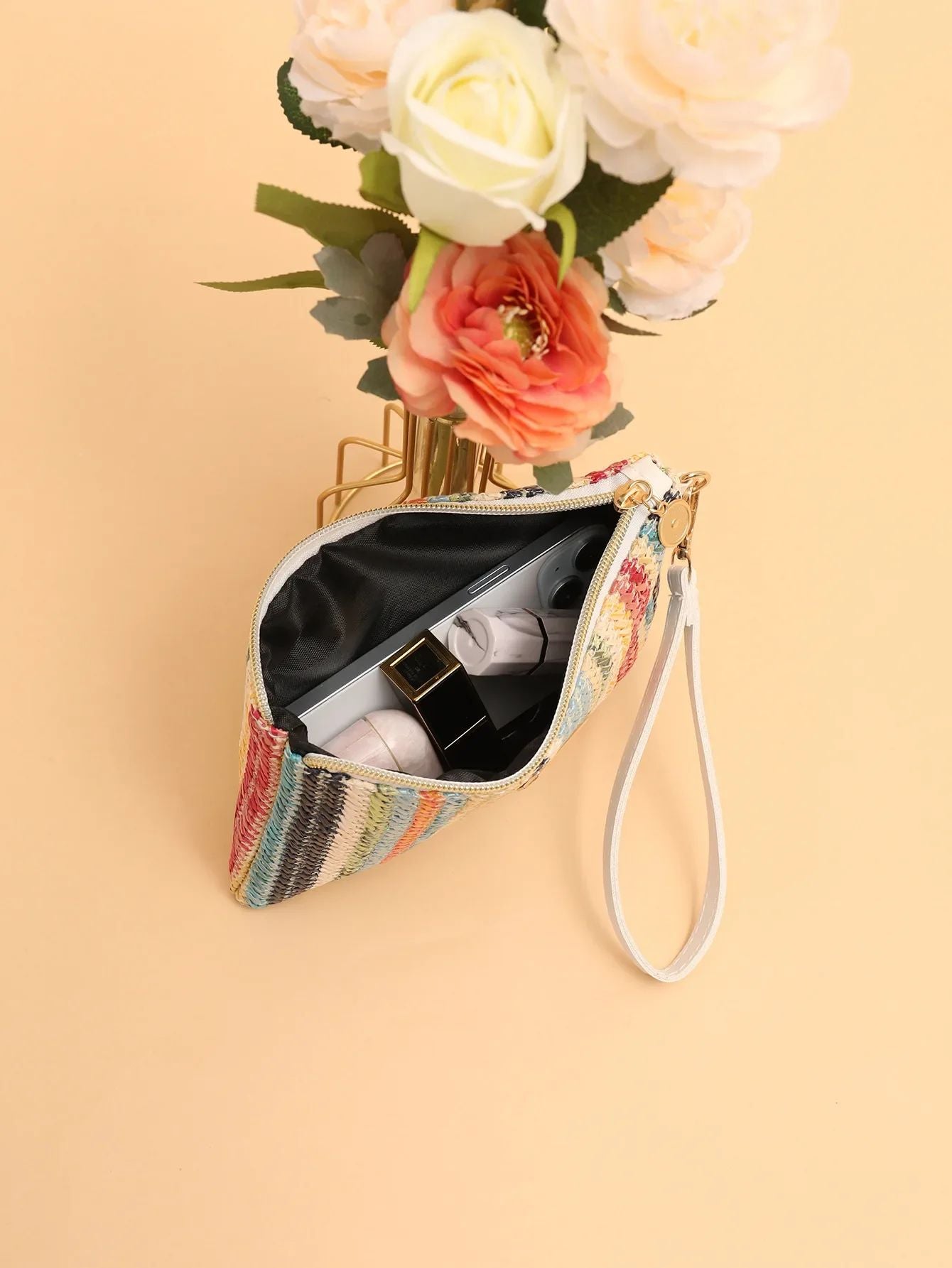 Rattan Knitting Women Straw Bags Fashion Colorful Summer Beach Clutch Bag Female Woven Wristlet Bag Wallet Money Coin Purse