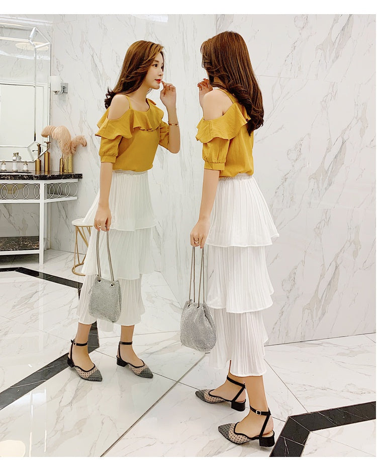 Women's Shirt Tops Fashion One-Shoulder Ruffles Short-sleeved Tops Chiffon Tops S-XXL